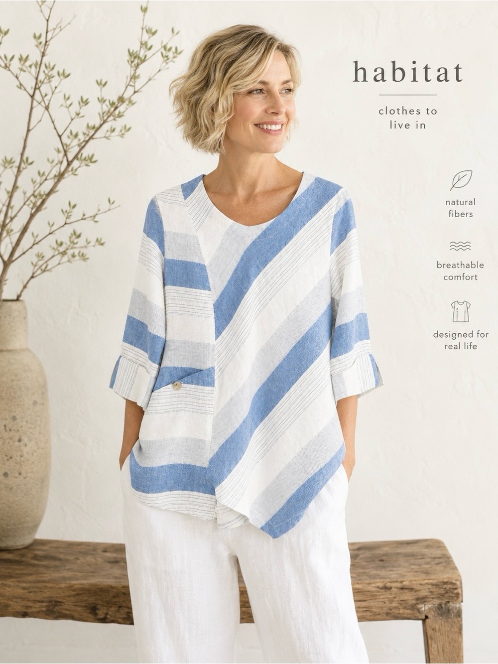 Habitat Linen Blend Blue White Striped Asymmetrical Coastal Tunic Top Sz S